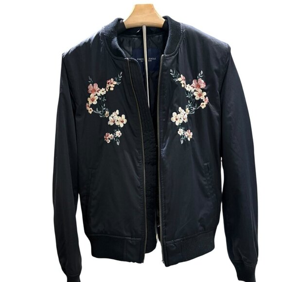 American Eagle Black Embroidered Bomber Jacket Size Medium - Picture 8 of 13